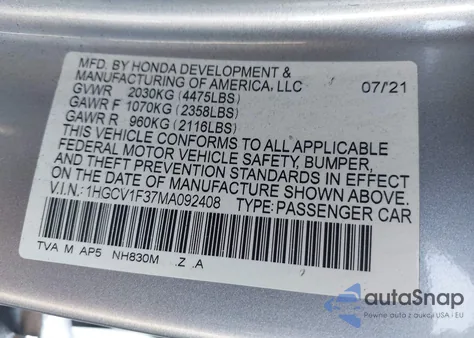 2021 Honda Accord Sport from USA, damaged, VIN 1HGCV1F37MA092408